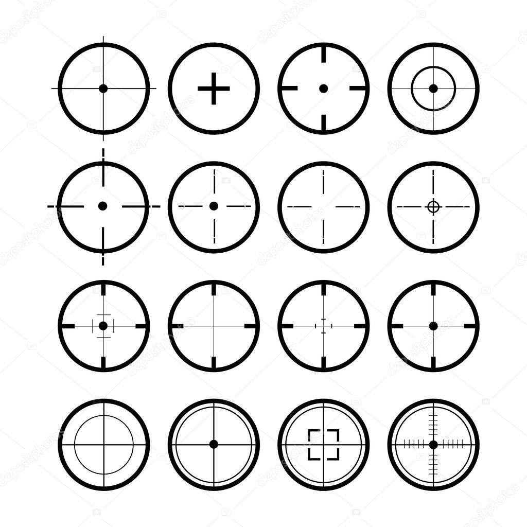 Target set. Sight symbol black colored. Set of 16 sight. Vector illustration