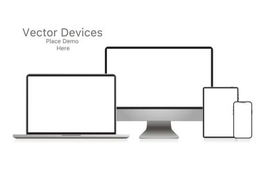 Mockup gerçekçi cihaz. Dizüstü bilgisayar, tablet, bilgisayar ve fo seti