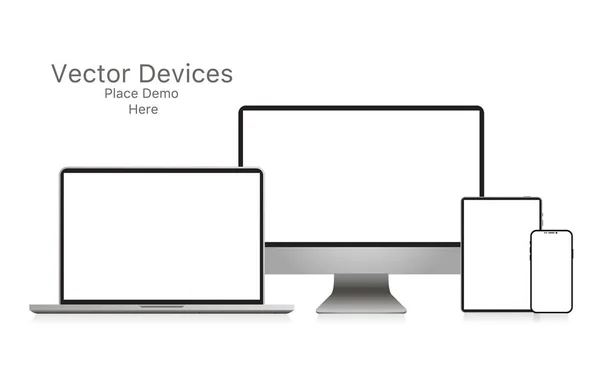 Maquette dispositif réaliste. Ensemble d'ordinateur portable, tablette, ordinateur et pho — Image vectorielle