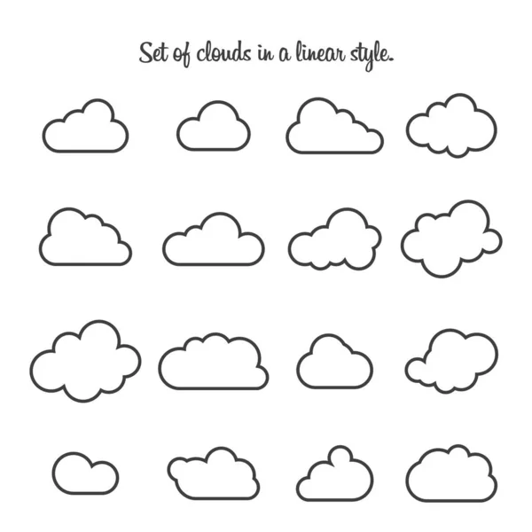 Set di nuvole in stile lineare. Nuvola in linea o contorno. Vecto — Vettoriale Stock