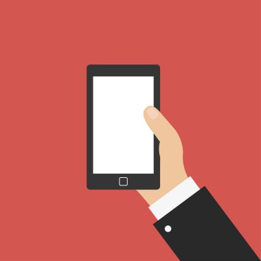 Akıllı telefonla el. Düz tasarım simgesi izole. Vektör