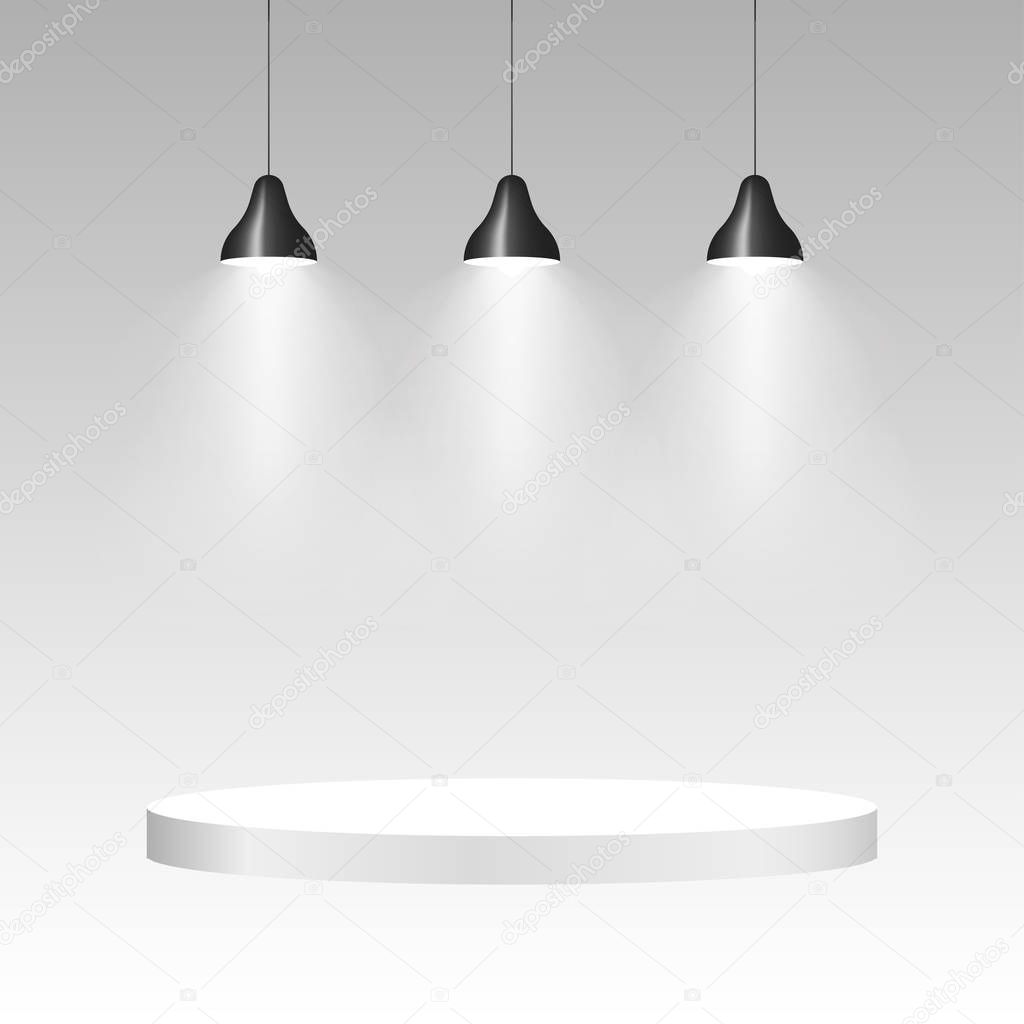 Three ceiling lamps with light. Lamp hanging background. Vector