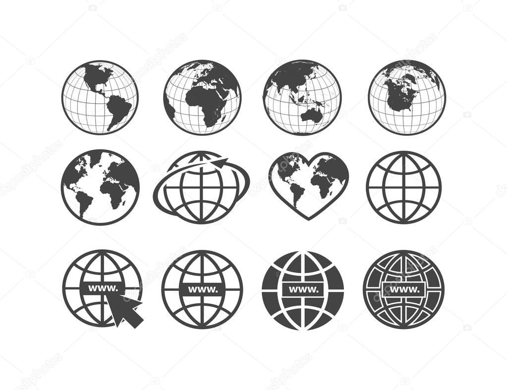 Set of earth globe icons in flat and linear design on a white ba