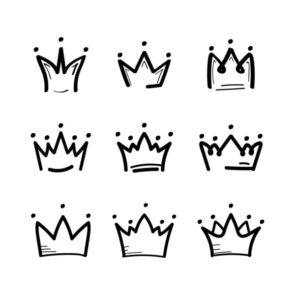 Korona ustawiona w stylu rysowania szkicu. Ikona króla korony. Wektor — Wektor stockowy