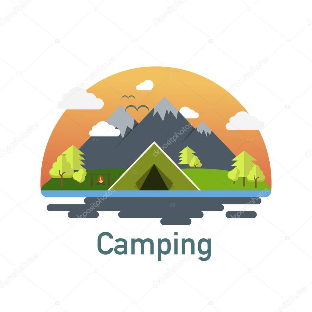 Camping concept. Landscape illustration in flat design. Summer d