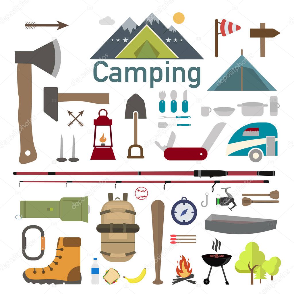 Set of camping or hiking, concept icons and symbols. Vector