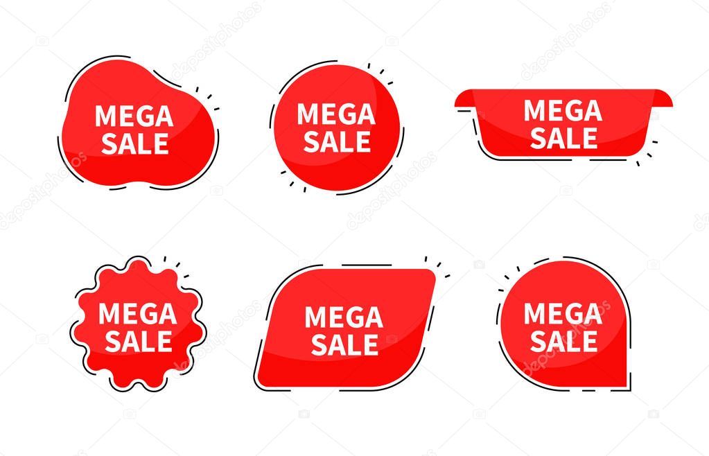 Mega sale collection tags. Banner red colored. Flat linear promo