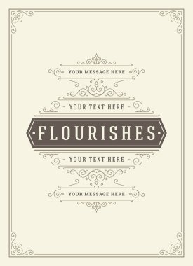 Vintage süs tebrik kartı vektör şablonu. Retro düğün davetiyesi, reklam ya da başka bir tasarım ve metin için yer. Süslü çerçeveyi zenginleştirir.