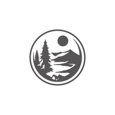 Orman kamp şekil üzerinde beyaz arka plan vektör illüstrasyon izole. Çam ağacı ve dağlar grafik siluet vektör.