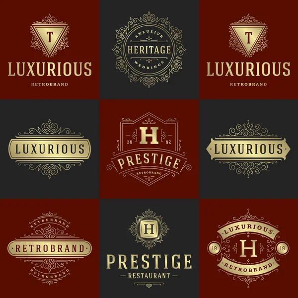 Modèles de logos de luxe ensemble, fleurit calligraphique lignes élégantes ornement . — Image vectorielle