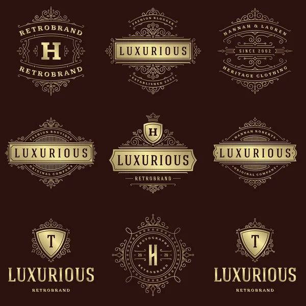 Szablony loga luksusowy zestaw, kwitnie kaligraficzny ornament eleganckie linie. — Wektor stockowy