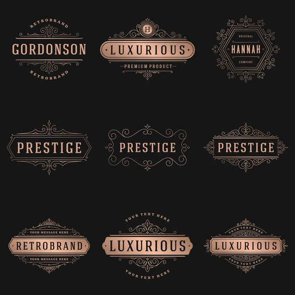 Logotipos de lujo plantillas conjunto, florece caligrafía elegantes líneas de adorno . — Vector de stock