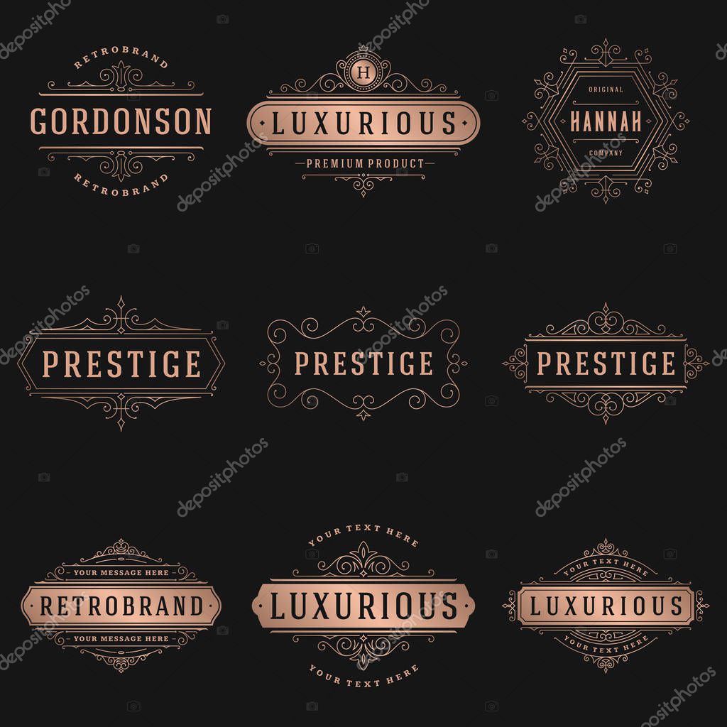 Luxury logos templates set, flourishes calligraphic elegant ornament lines. Business sign, badges and monograms for elegant crest, boutique brand, wedding shop, hotel sign, fashion designer.