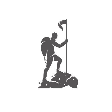 Beyaz arka plan vektör illüstrasyon izole dağcı siluet. Uzun yürüyüşe çıkan kimse vektör grafik amblemi.