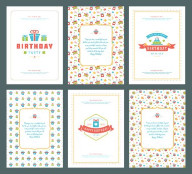 Mutlu Doğum günü tebrik kartları baskı tasarım vektör çizim ayarlayın. Vintage Doğum günü kartı veya dilek mesajı ve desen arka plan etiketi.
