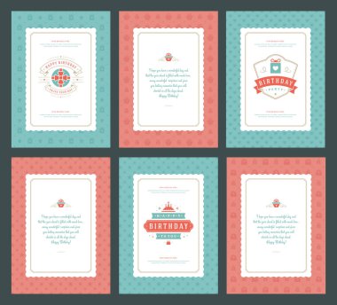 Mutlu Doğum günü tebrik kartları baskı tasarım vektör çizim ayarlayın. Vintage Doğum günü kartı veya dilek mesajı ve desen arka plan etiketi.