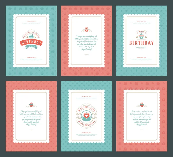 Happy Birthday Greeting Cards Typographic Design Set Vector Illustration Vintage — Stock Vector