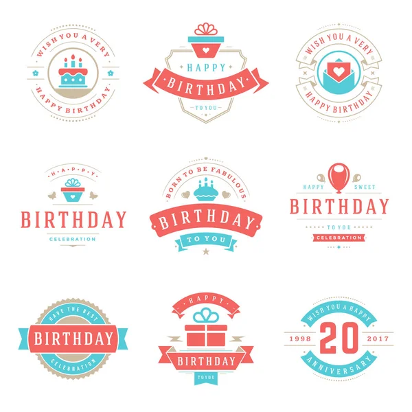 Happy Birthday Badges Labels Juego Elementos Diseño Vectorial Cumpleaños Aniversario — Vector de stock