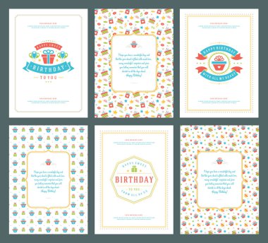 Mutlu Doğum günü tebrik kartları baskı tasarım vektör çizim ayarlayın. Vintage Doğum günü kartı veya dilek mesajı ve desen arka plan etiketi.