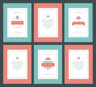 Mutlu Doğum günü tebrik kartları baskı tasarım vektör çizim ayarlayın. Vintage Doğum günü kartı veya dilek mesajı ve desen arka plan etiketi.