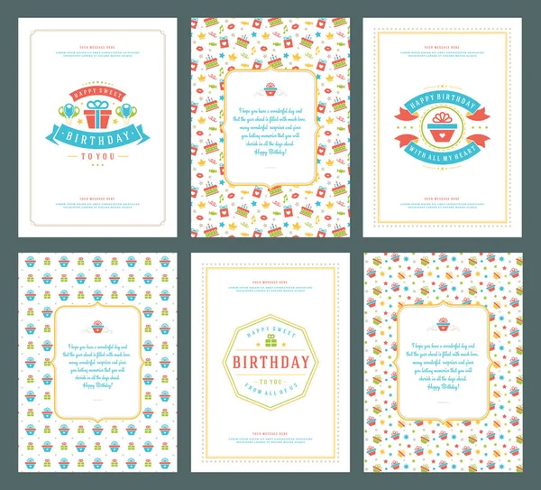幸せな誕生日グリーティング カード文字体裁デザインは ベクター グラフィックを設定します ビンテージ誕生日バッジや希望のメッセージとパターンの背景を持つラベル — ストックベクタ