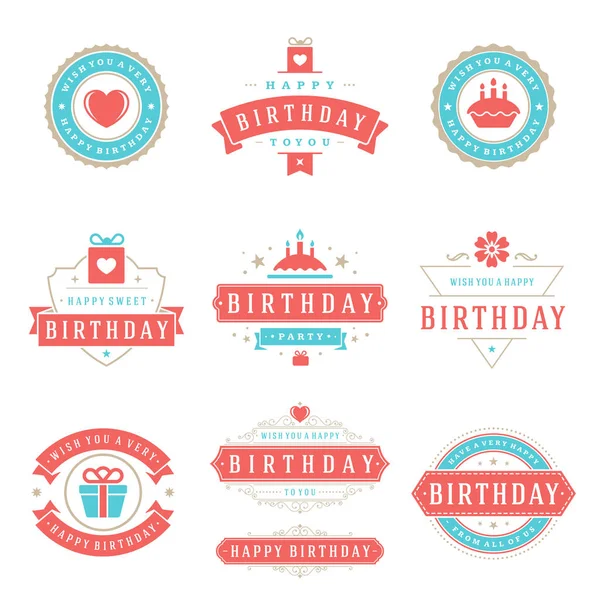 Happy Birthday Badges Labels Conjunto Elementos Design Vetorial Aniversário Aniversário — Vetor de Stock