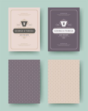 Düğün davetiyesi tarihi kartları vintage tipografik şablon tasarım kaydedin. Vektör çizim arka plan desenleri.
