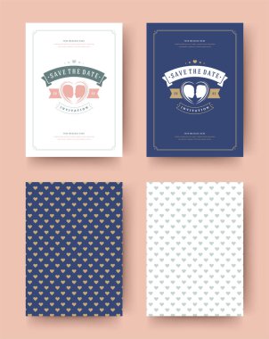 Düğün davetiyesi tarihi kartları vintage tipografik şablon tasarım kaydedin. Vektör çizim arka plan desenleri.