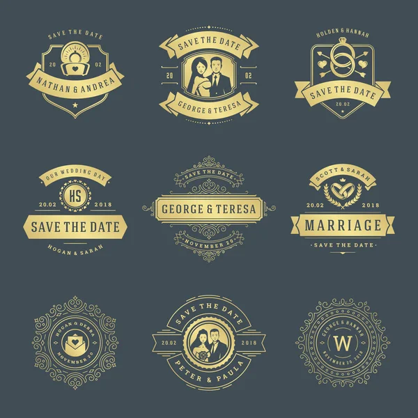 Logotipos Casamento Emblemas Vetor Conjunto Elementos Design Títulos Tipografia Vintage —  Vetores de Stock