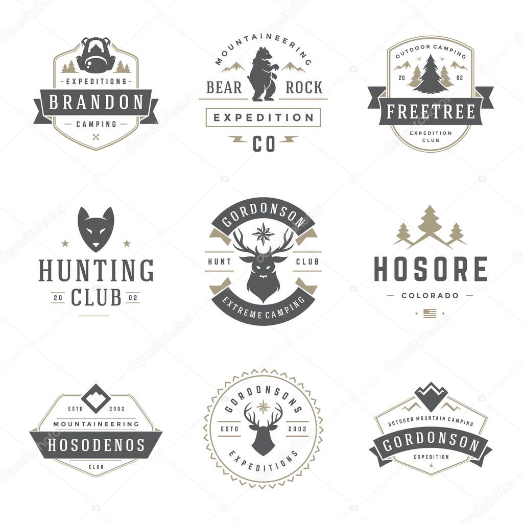 Camping logos templates vector design elements and silhouettes set, Outdoor adventure mountains and forest expeditions, vintage style emblems and badges retro illustration.