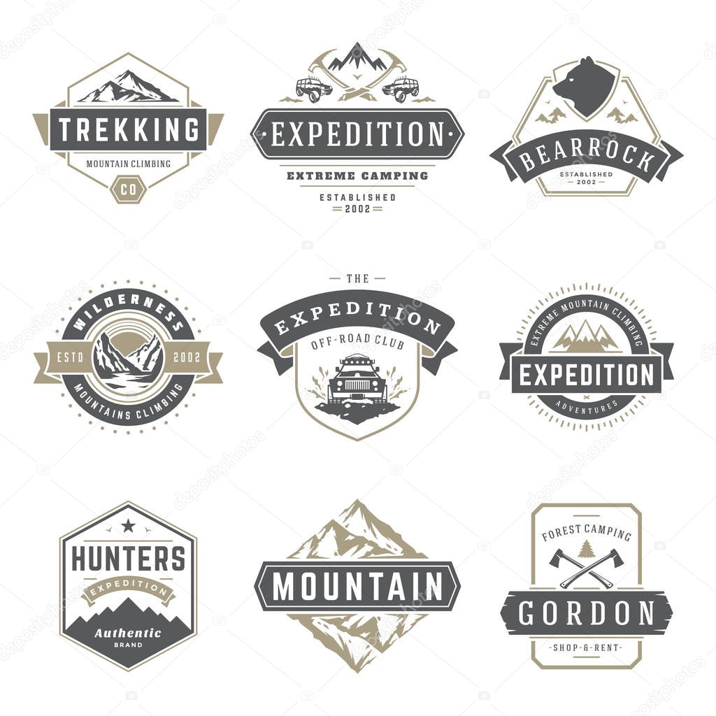 Camping logos templates vector design elements and silhouettes set, Outdoor adventure mountains and forest expeditions, vintage style emblems and badges retro illustration.