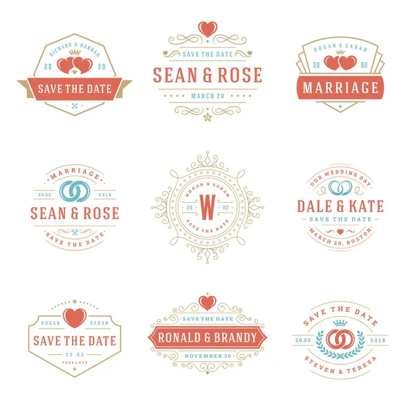 Logotipos Boda Insignias Vector Elementos Diseño Conjunto Títulos Tipografía Vintage — Vector de stock