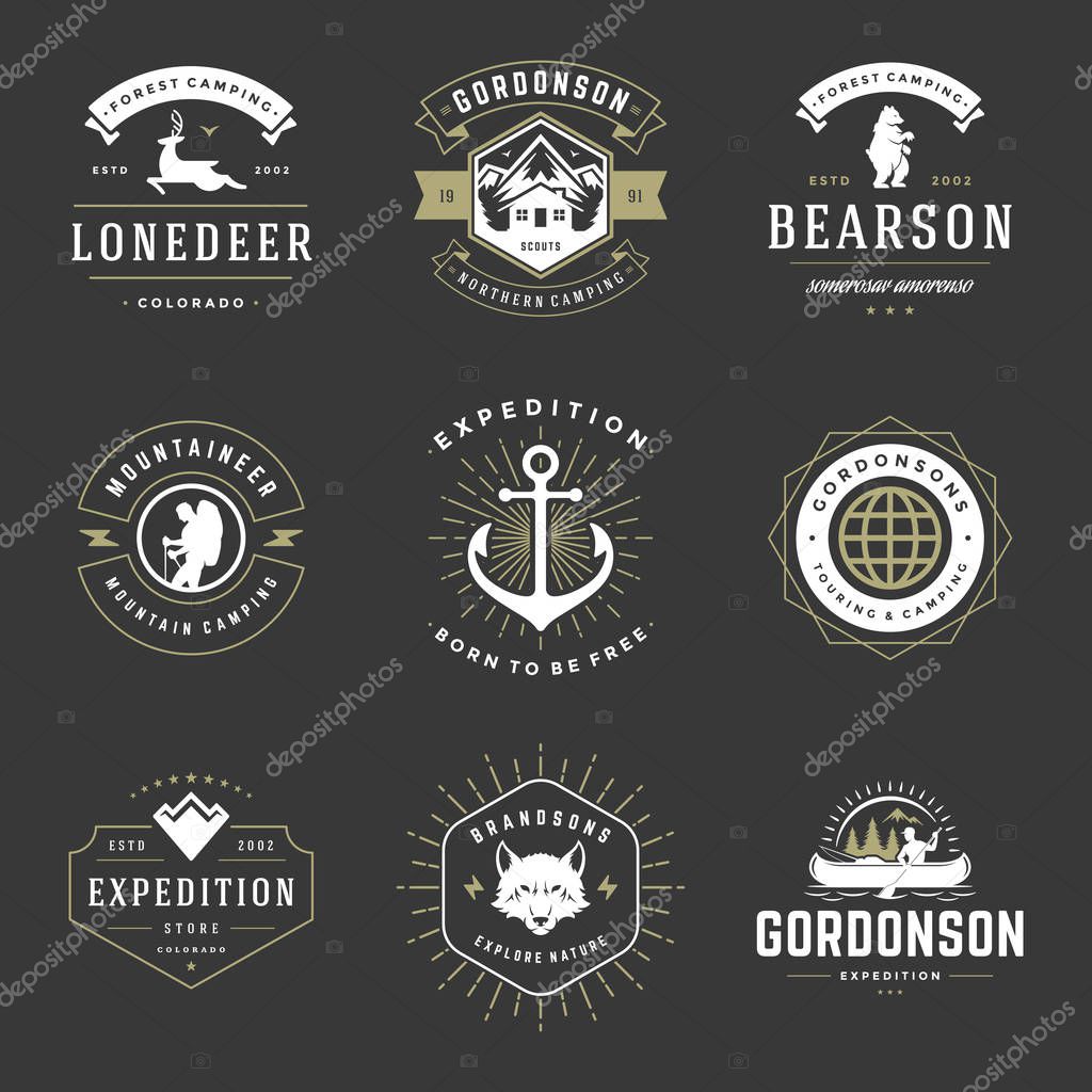 Camping logos templates vector design elements and silhouettes set, Outdoor adventure mountains and forest expeditions, vintage style emblems and badges retro illustration.