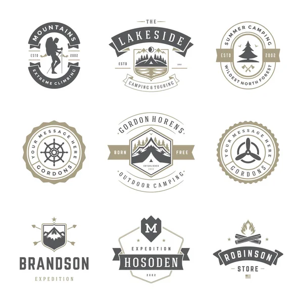 Camping Logos Template Elemen Desain Vektor Dan Set Siluet Petualangan - Stok Vektor