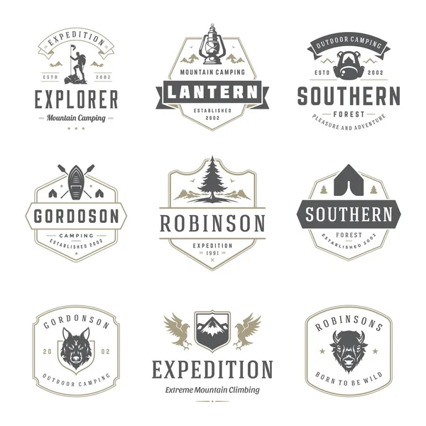 Camping Logo Sjablonen Vector Designelementen Silhouetten Set Outdoor Avontuur Bergen — Stockvector