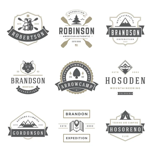 Camping Logo Sjablonen Vector Designelementen Silhouetten Set Outdoor Avontuur Bergen — Stockvector