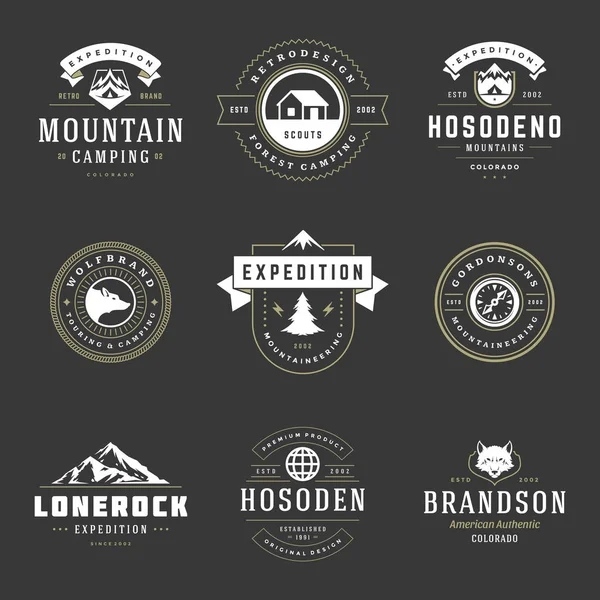 Logos Camping Modèles Vectoriels Éléments Design Silhouettes Ensemble Excursions Plein — Image vectorielle