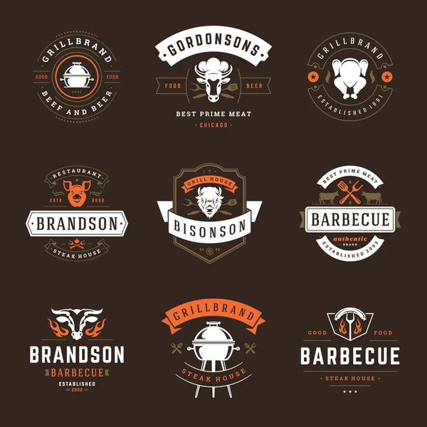 Gril Restaurace Loga Odznaky Sada Vektorové Ilustrace Barbecue Steak House — Stockový vektor