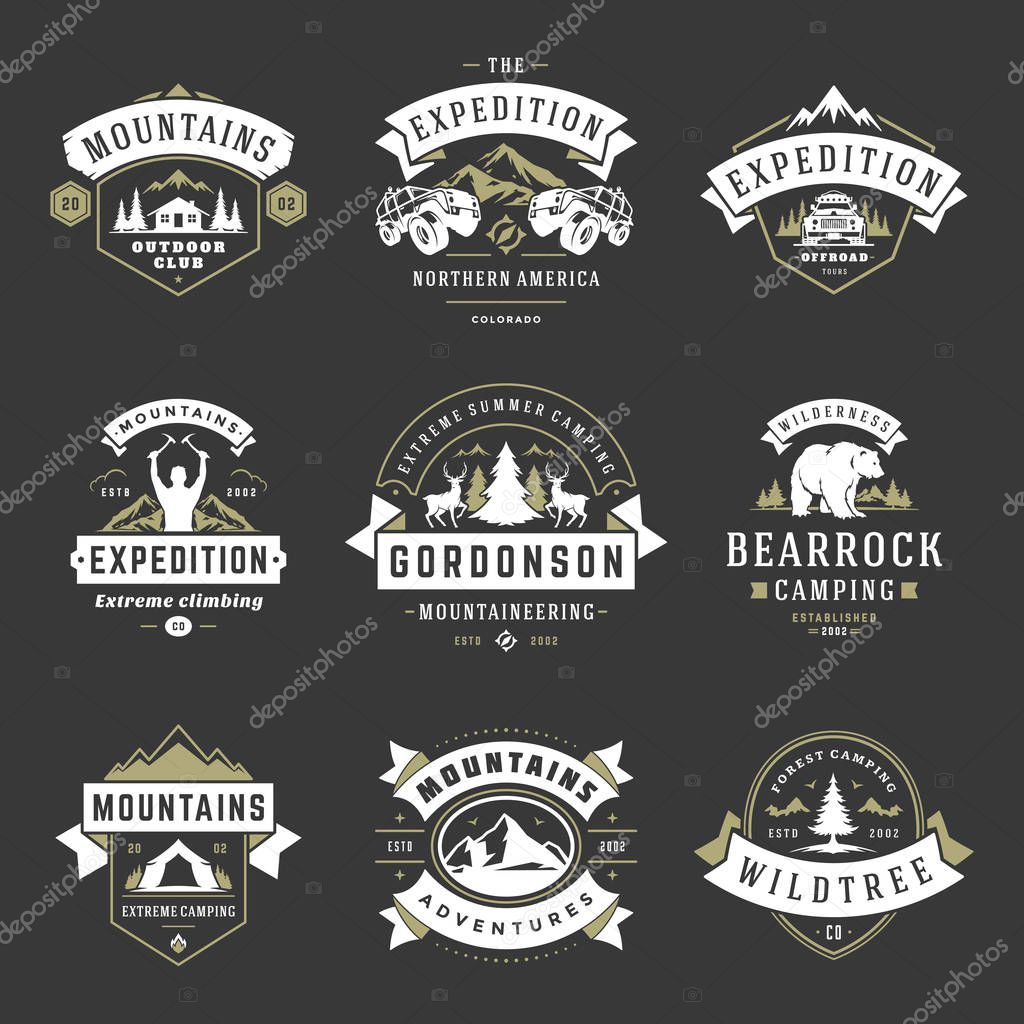 Camping logos templates vector design elements and silhouettes set, Outdoor adventure mountains and forest expeditions, vintage style emblems and badges retro illustration.