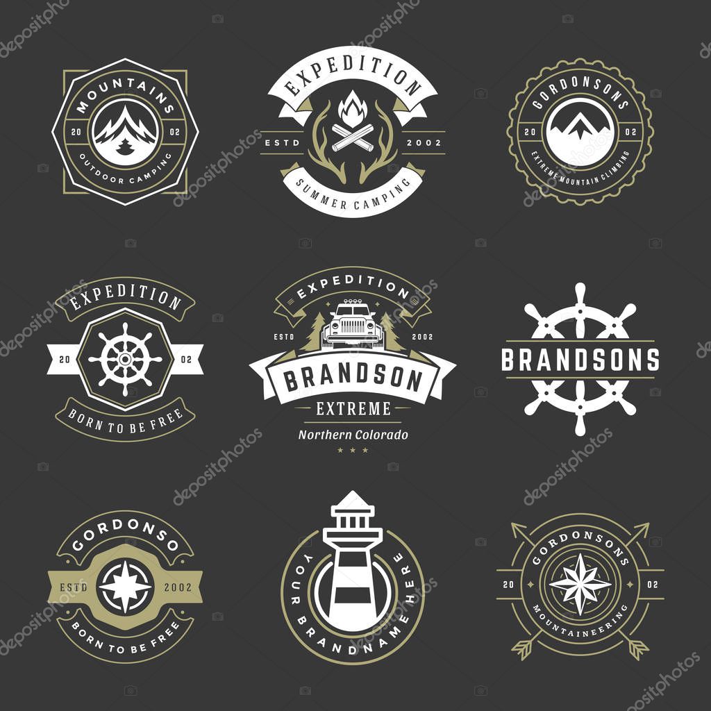 Camping logos templates vector design elements and silhouettes set, Outdoor adventure mountains and forest expeditions, vintage style emblems and badges retro illustration.