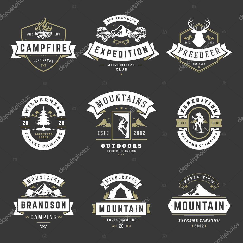 Camping logos templates vector design elements and silhouettes set, Outdoor adventure mountains and forest expeditions, vintage style emblems and badges retro illustration.