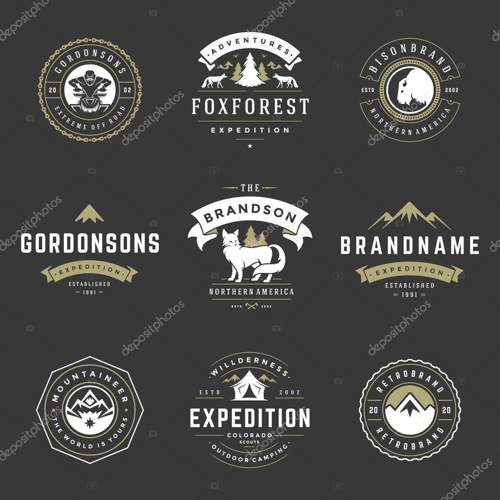 Camping logos templates vector design elements and silhouettes set, Outdoor adventure mountains and forest expeditions, vintage style emblems and badges retro illustration.