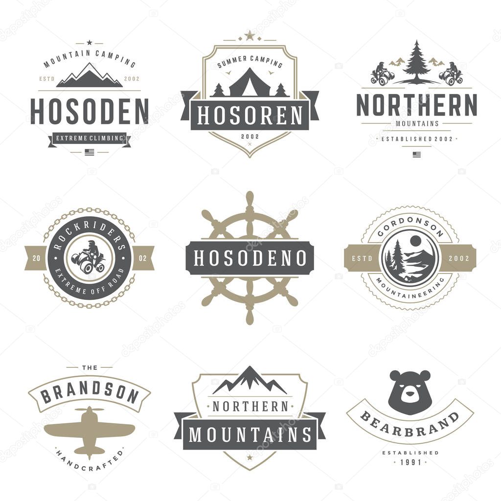 Camping logos templates vector design elements and silhouettes set, Outdoor adventure mountains and forest expeditions, vintage style emblems and badges retro illustration.