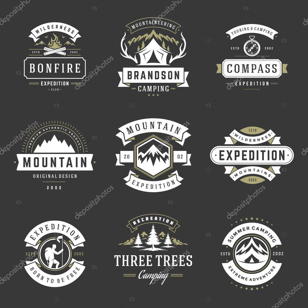 Camping logos templates vector design elements and silhouettes set, Outdoor adventure mountains and forest expeditions, vintage style emblems and badges retro illustration.
