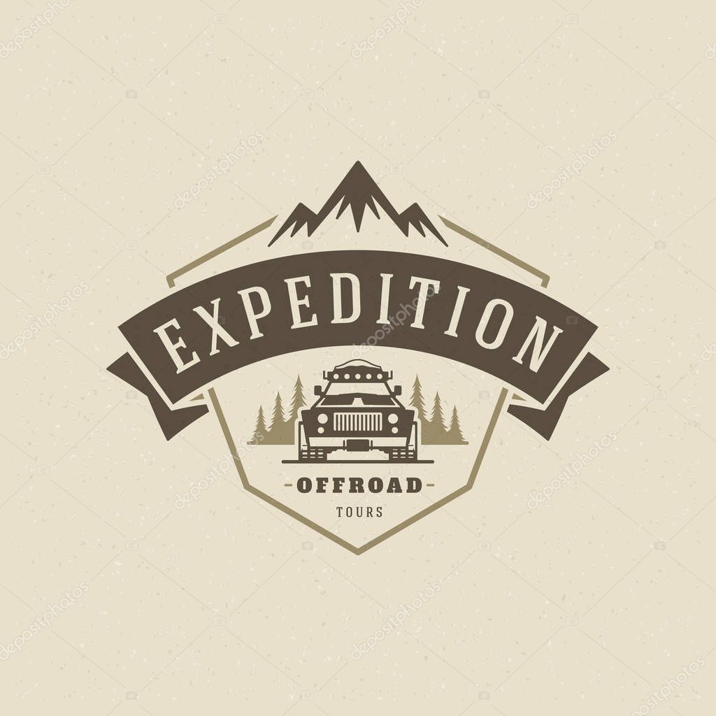 Off road cars logo emblem vector illustration. Outdoor extreme adventure expedition, safari suv silhouette shirt, print stamp. Vintage typography badge design.