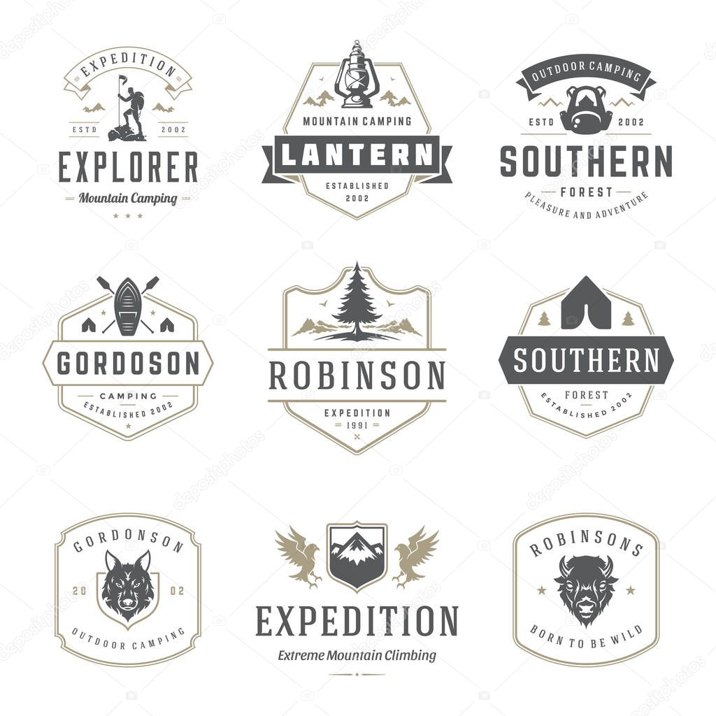 Camping logos templates vector design elements and silhouettes set, Outdoor adventure mountains and forest expeditions, vintage style emblems and badges retro illustration.