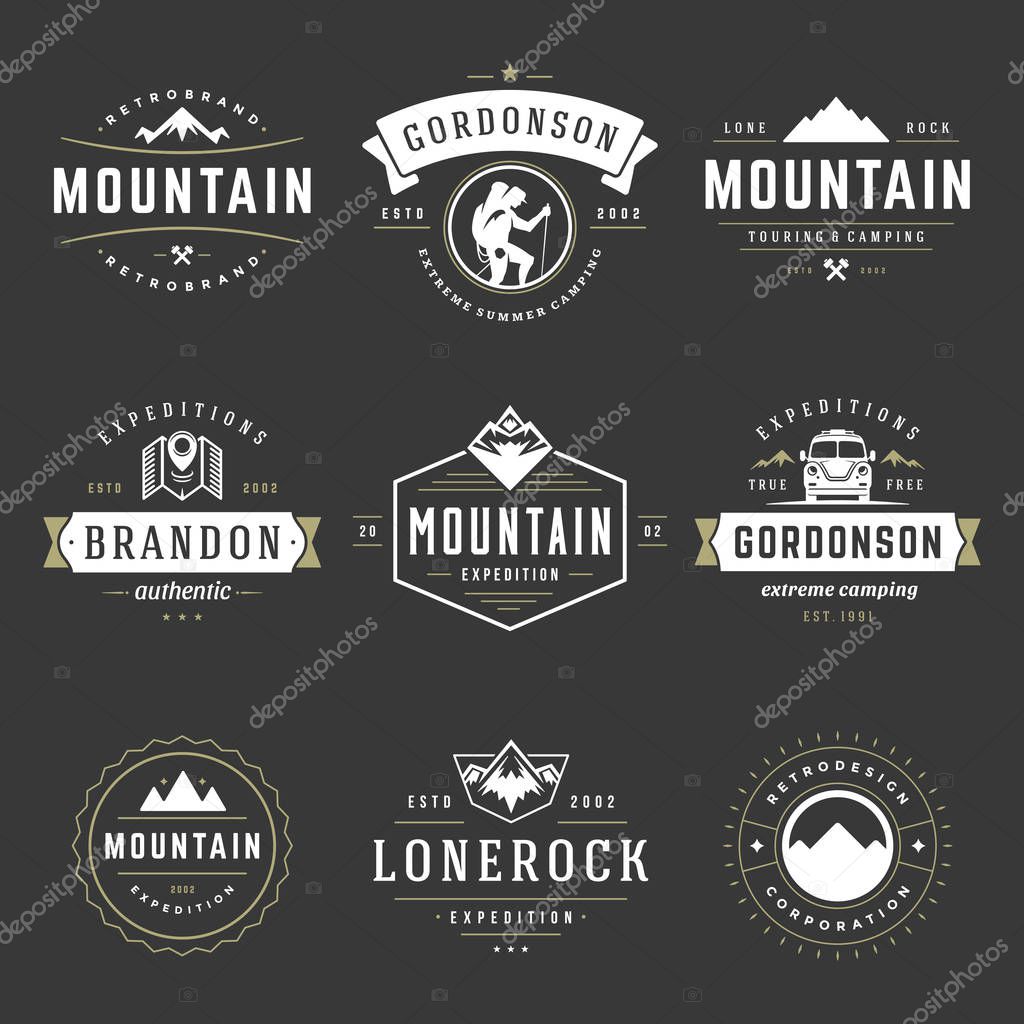 Camping logos templates vector design elements and silhouettes set, Outdoor adventure mountains and forest expeditions, vintage style emblems and badges retro illustration.