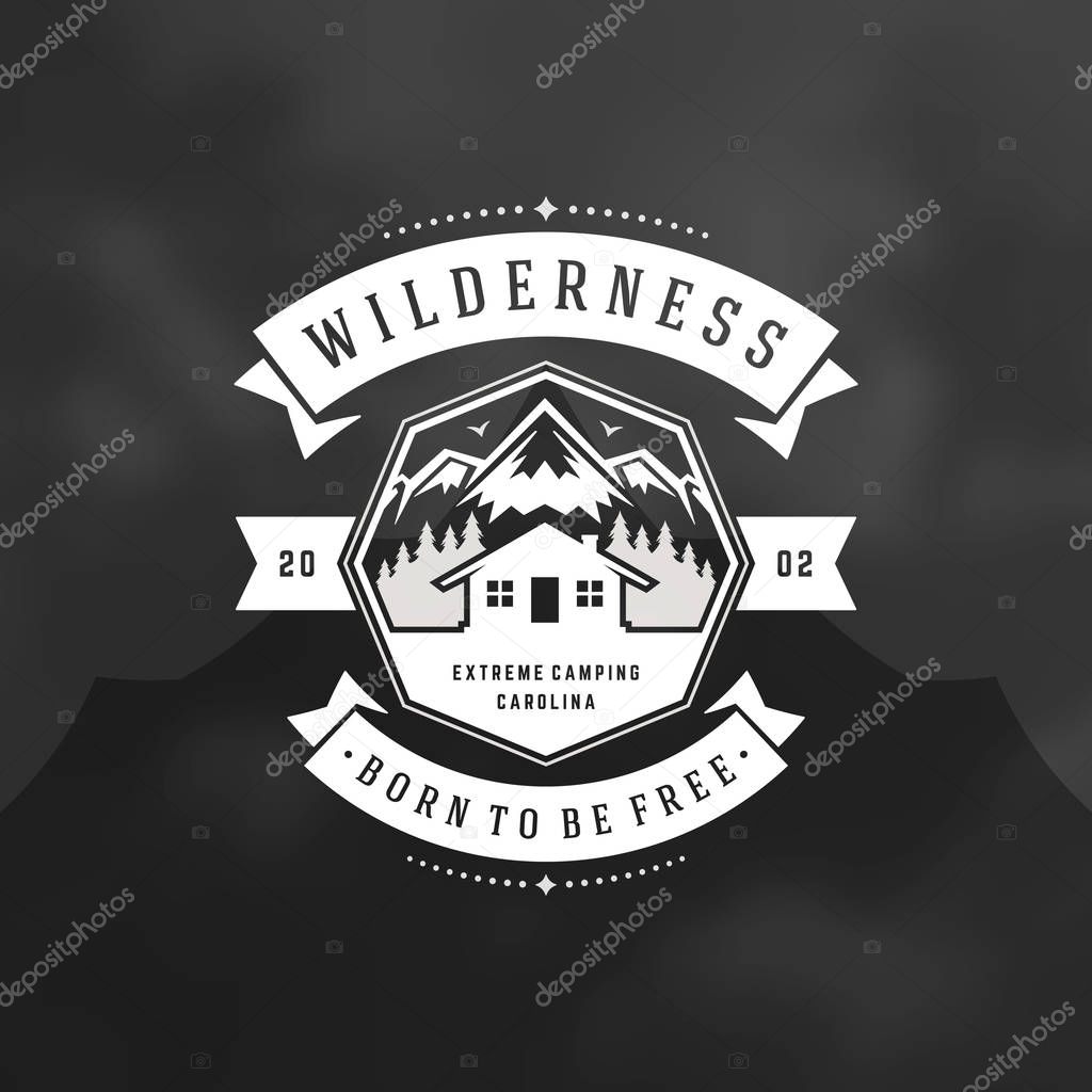 Forest camping logo emblem vector illustration. Outdoor adventure leisure, Camp house and pine trees silhouettes shirt, print stamp. Vintage typography badge design.