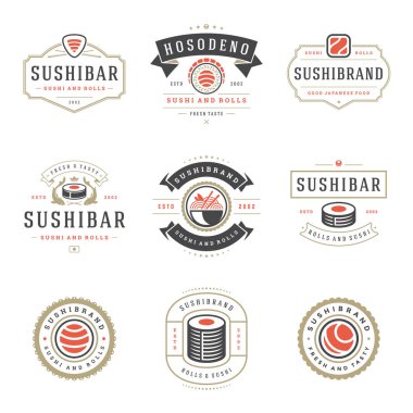 Suşi restoran logoları vektör çizim ayarlayın. Japon gıda, suşi ve rulo siluet. Vintage tipografi rozetleri tasarım.