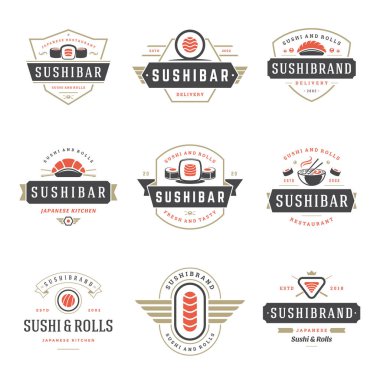 Suşi restoran logoları vektör çizim ayarla.